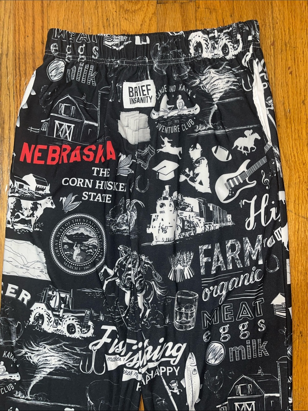 Brief Insanity Black Nebraska Print Drawstring Pajama Pants Size Small - Picture 4 of 11